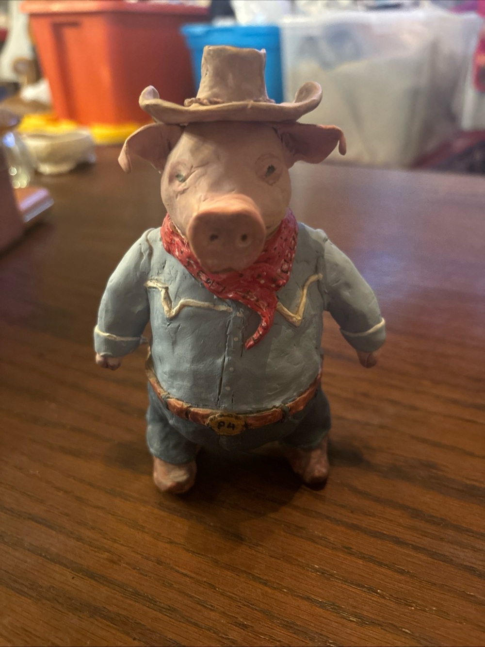 Vintage 1988 C Miller Cowboy Pig Figurine Signed Handmade Folk Art Western